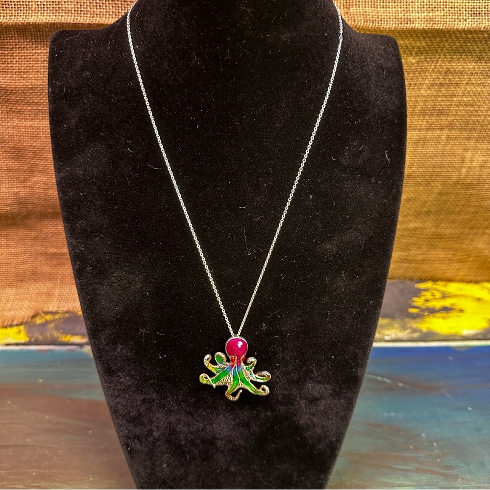 Sterling silver rainbow enamel octopus pendant necklace